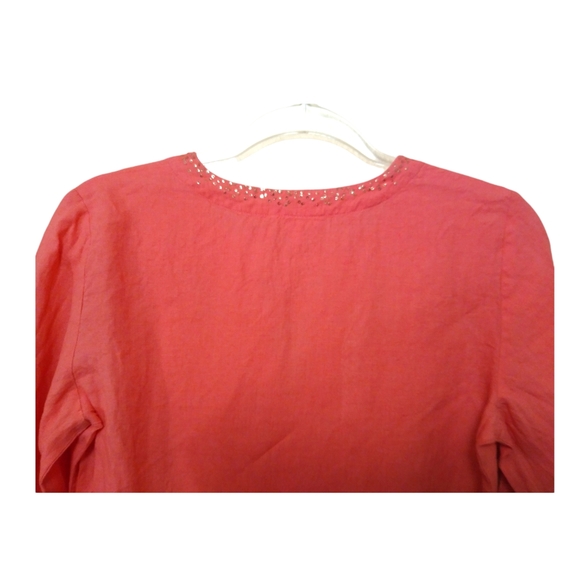 Eileen Fisher Womens Coral Pink 100% Irish Linen Sequin V-Neck Boho Tunic Top XS - Picture 12 of 16